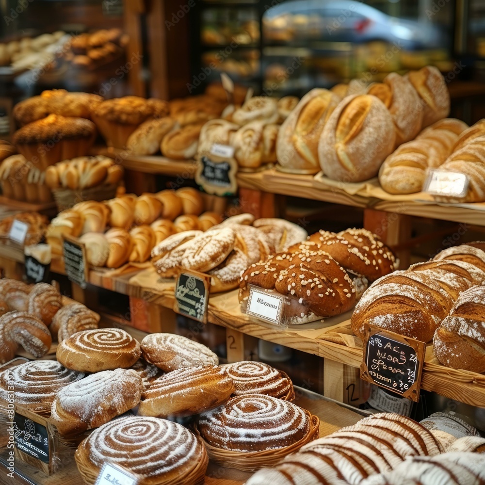 Freshly baked bread and pastries displayed in a bakery window Freshly baked bread and pastries displayed in a bakery window