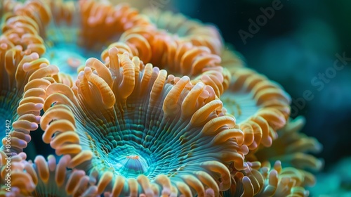 Extreme close-up of a magnificent sea anemone, emphasizing its beautiful radial symmetry and vibrant orange tones, set against a tranquil blue background. © Moopingz