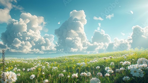 A beautiful summer landscape with a meadow full of flowers and a blue sky with white clouds