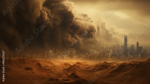 A tornado over a city in the desert.