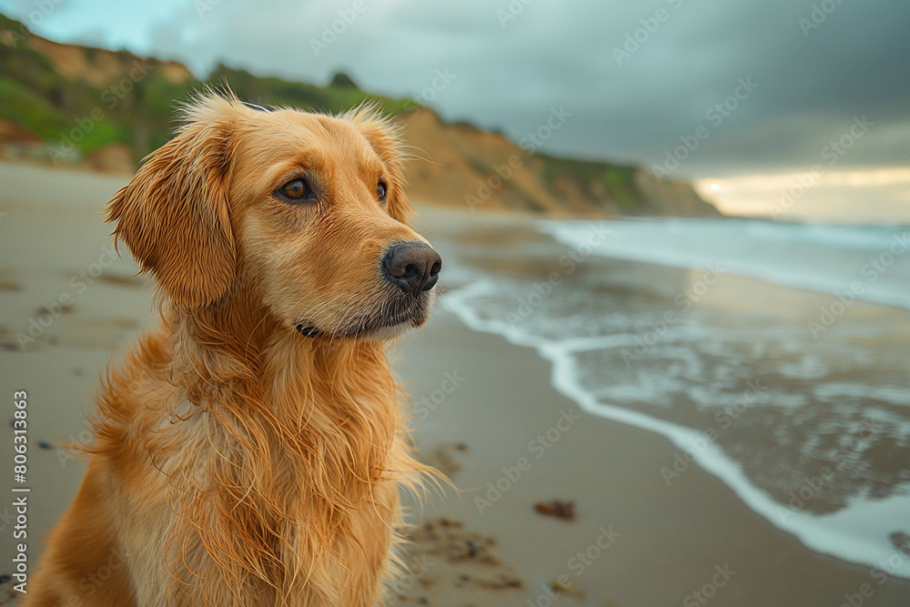 Happy golden retriever on the beach looking at the sea