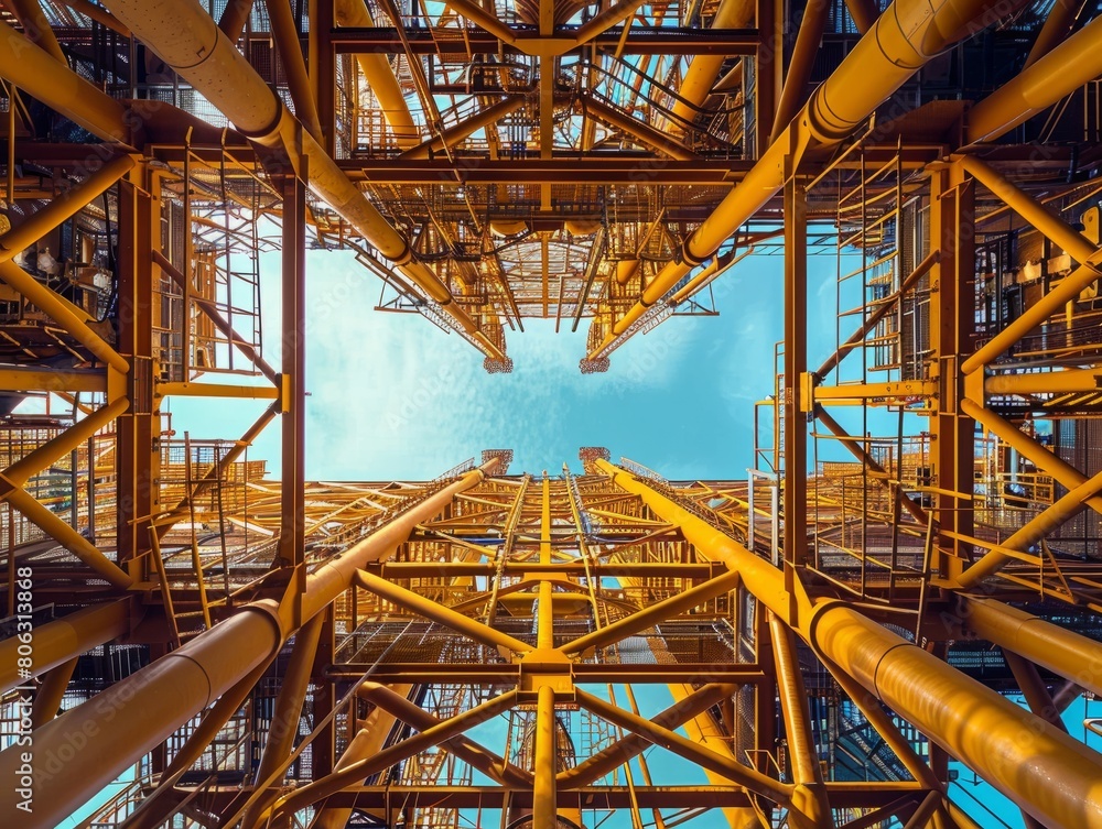 View from under an oil rig, looking up at the intricate network of beams and pipes, emphasizing engineering and structure.