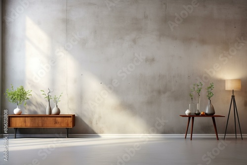 An empty room with a concrete wall, wooden cabinet, table, lamp and plants