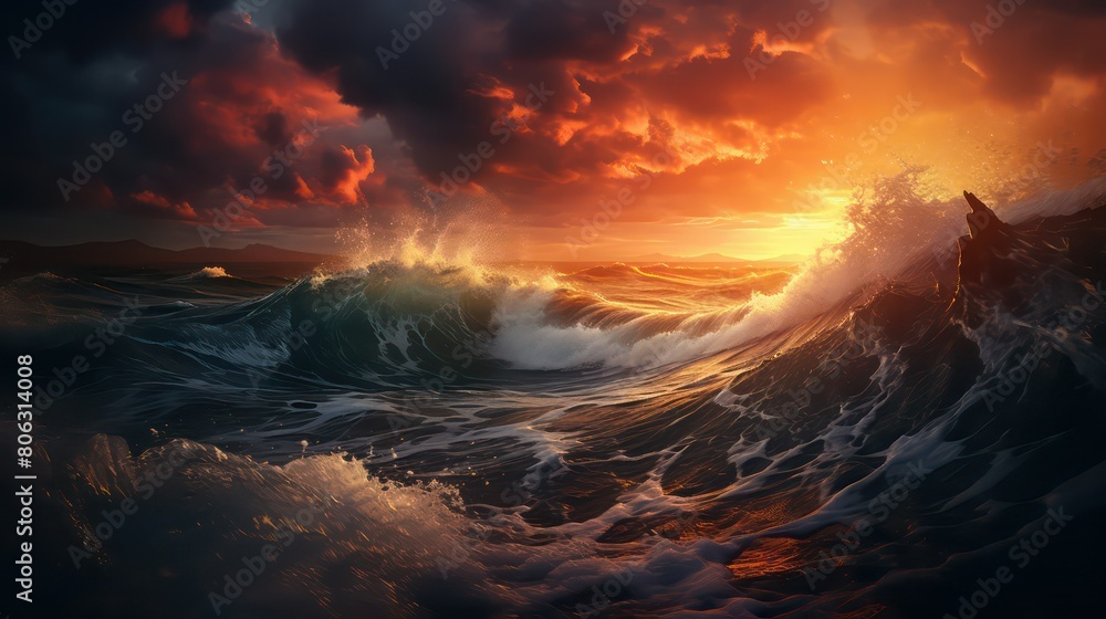 Fototapeta premium Surf wave in the ocean at sunset.