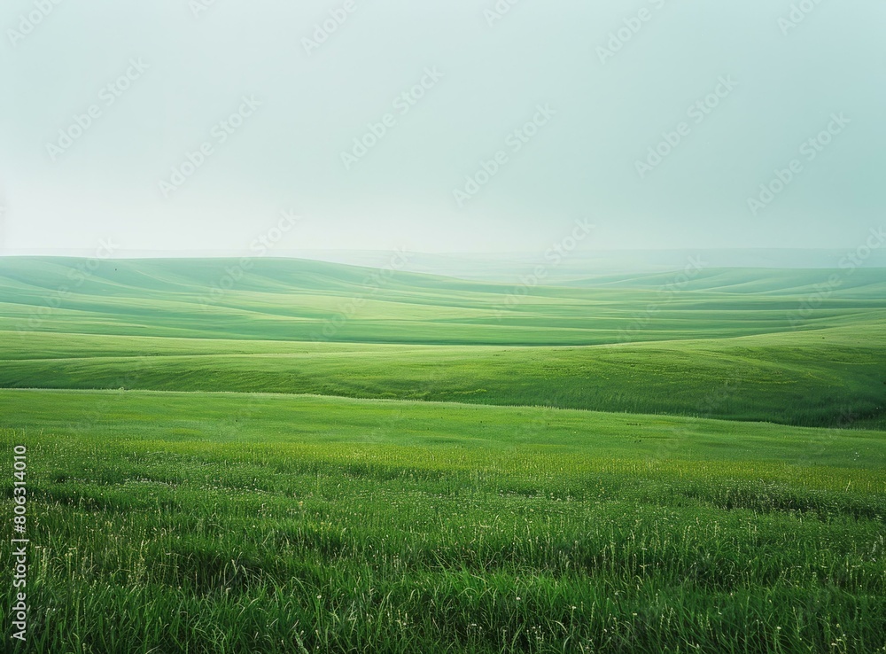 Vast green rolling hills under a foggy sky