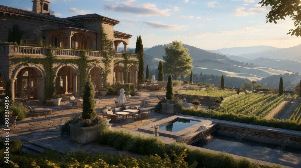An illustration of a beautiful villa with a pool and a vineyard