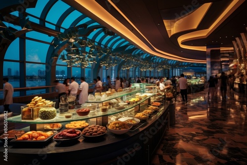 A lively evening at a seaside restaurant serving an extensive ocean seafood buffet © aicandy