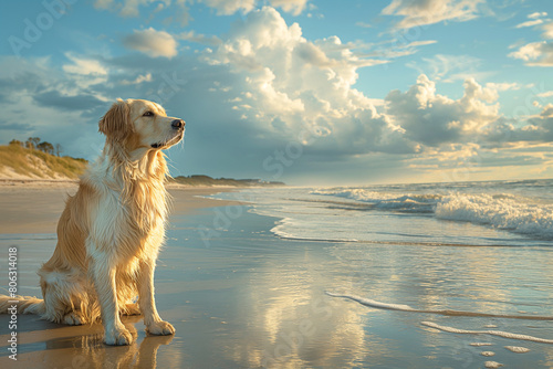 Happy golden retriever on the beach looking at the sea