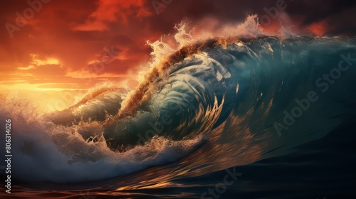 Surfing ocean wave at sunset.
