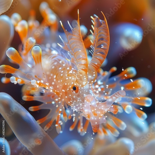 Underwater photography of a tiny orange and white sea slug