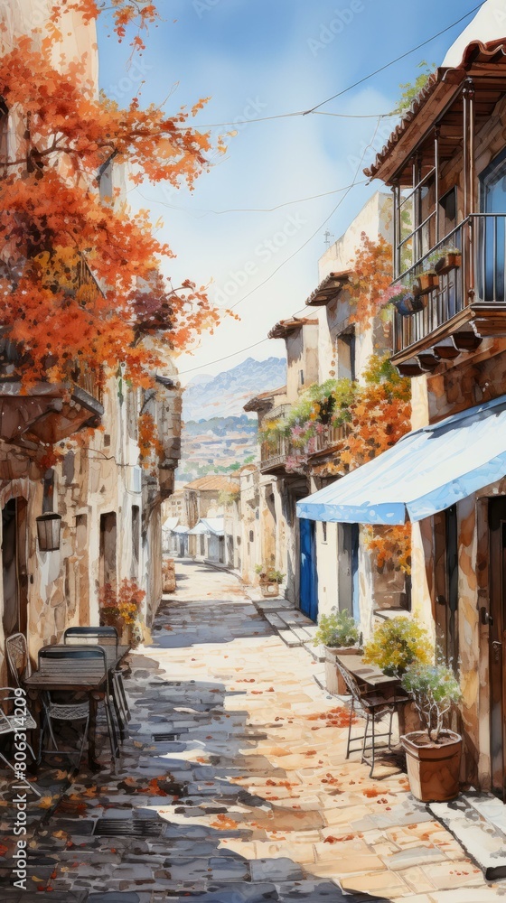 Fototapeta premium A narrow street with a blue sky and a tree with red leaves