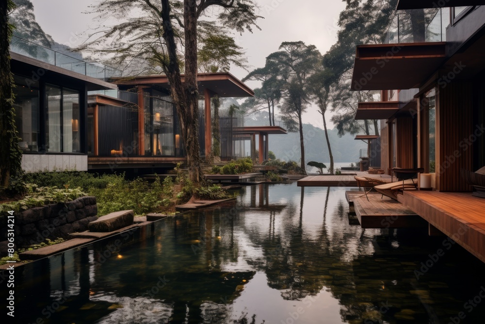 A Serene Wellness Retreat Overlooking a Pristine Lake Surrounded by Lush Greenery A Serene Wellness Retreat Overlooking a Pristine Lake Surrounded by Lush Greenery