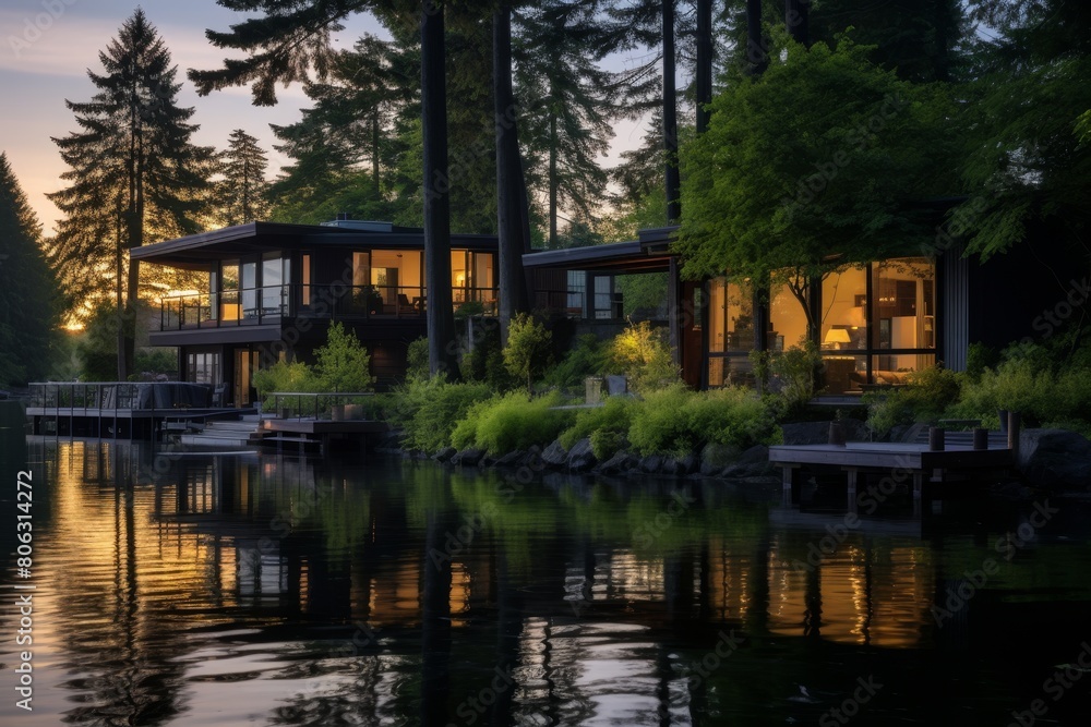 A picturesque Lakehouse hotel surrounded by nature and mirrored on the serene lake at sunset