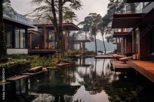 A Serene Wellness Retreat Overlooking a Pristine Lake Surrounded by Lush Greenery