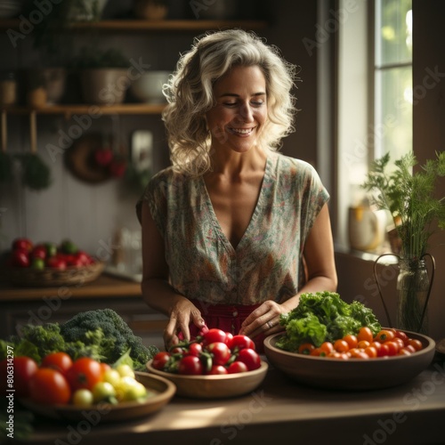 Happy woman preparing healthy food in the kitchen