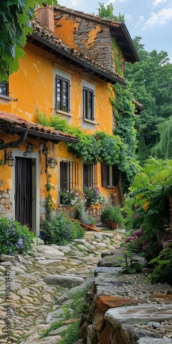 A charming stone cottage with a yellow wall and a beautiful garden