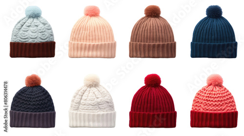 set of classic wool winter hat beanie, different colors and style, warm cold weather clothing isolated on a white transparent background