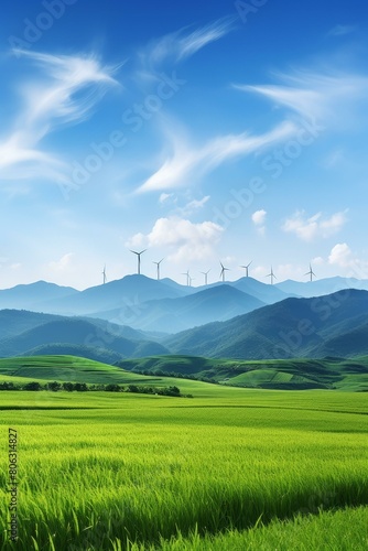 A verdant landscape with rolling hills and wind turbines