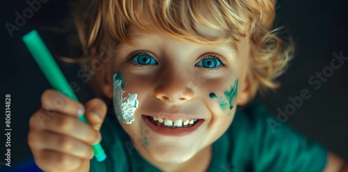 Close up of happy child holding marker  child is smiling  child has blonde hair  child s face covered in paint