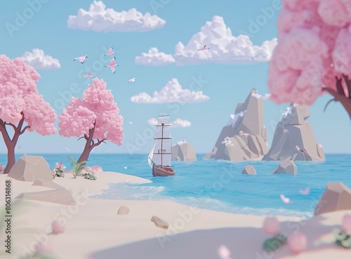 Pink seascape with polygonal trees and a boat