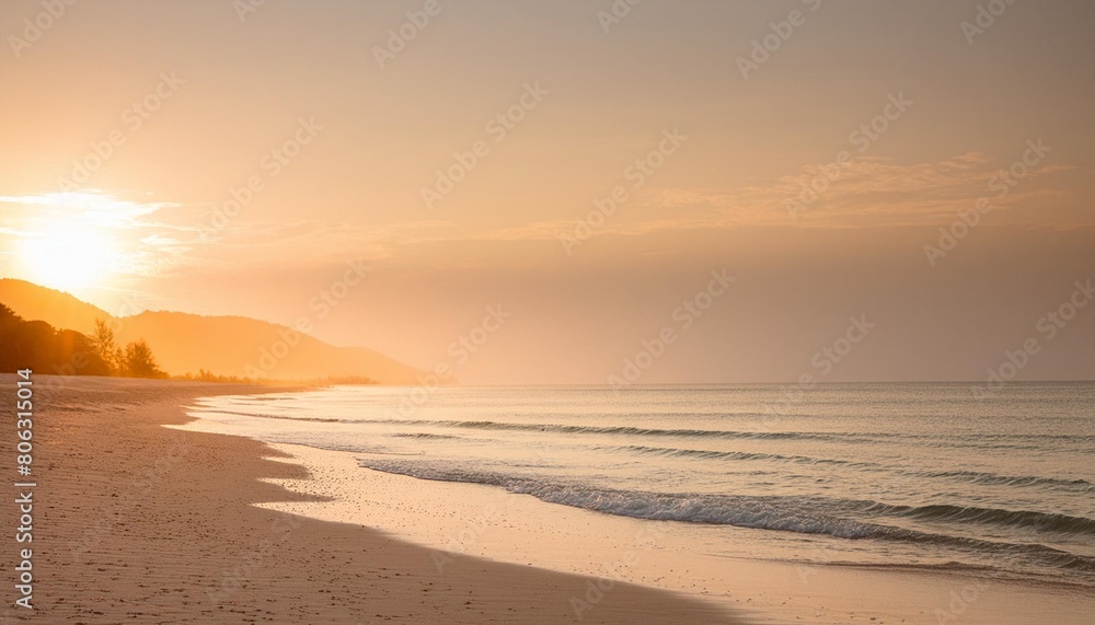 design a minimalist beach background with abundant copy space illuminated by the gentle hues of sunset creating a warm and inviting atmosphere