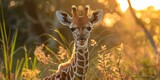 A baby giraffe standing in the middle of a tall grass field