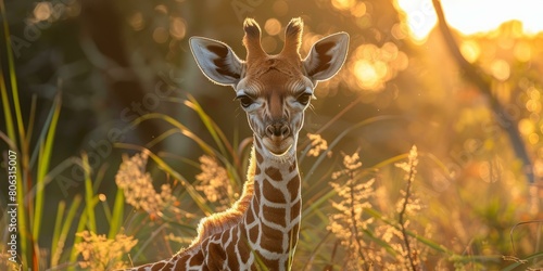 A baby giraffe standing in the middle of a tall grass field photo