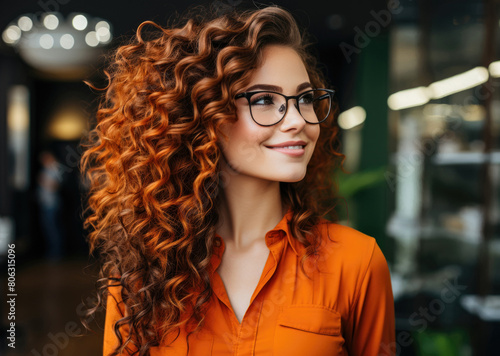 Charming smiling young red-haired woman with curly hair, glasses and an orange shirt on a city street
