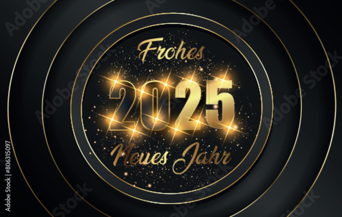 Karte oder Banner, um ein frohes neues Jahr 2025 in Gold und Schwarz zu wünschen, mit glitzernden Sternen in vier goldenen Kreisen auf schwarzem Hintergrund