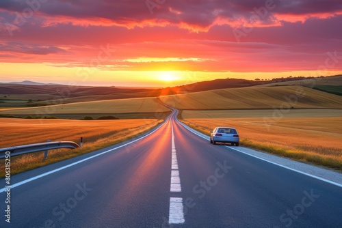 Car on a country road at sunset