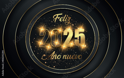 NY 2024 - 11 cercle or et noir - ALtarjeta o pancarta para desear un feliz año nuevo 2025 en dorado y negro con estrellas brillantes en cuatro círculos dorados sobre fondo negro