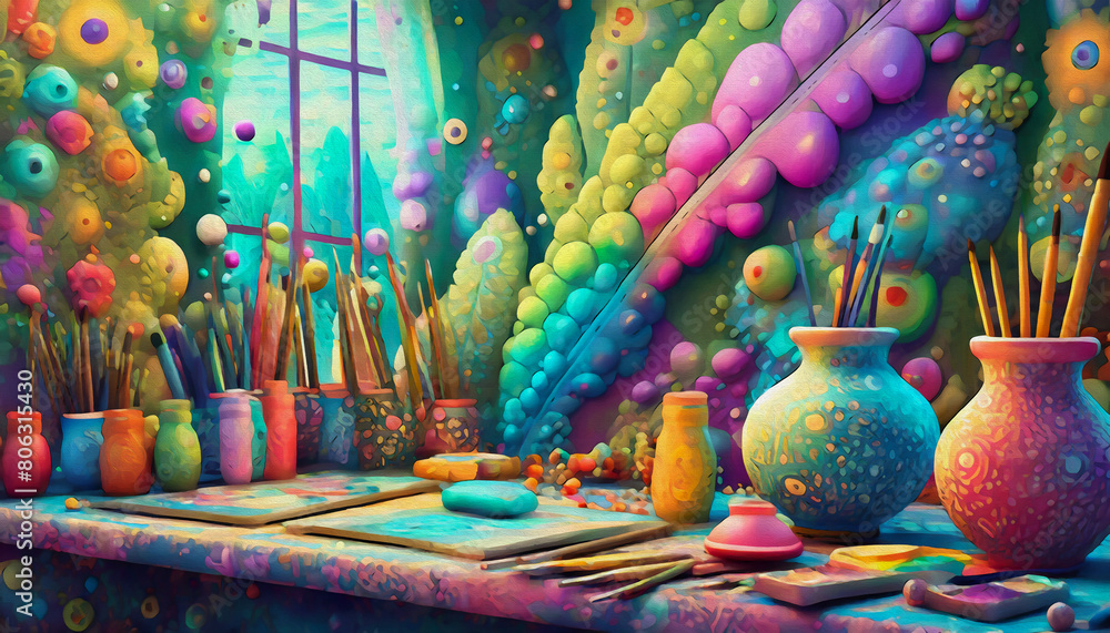 oil painting style cartoon illustration In an indoor studio, colorful art supplies create a vibrant masterpiec
