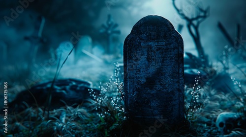 A gravestone in a cemetery at night. photo