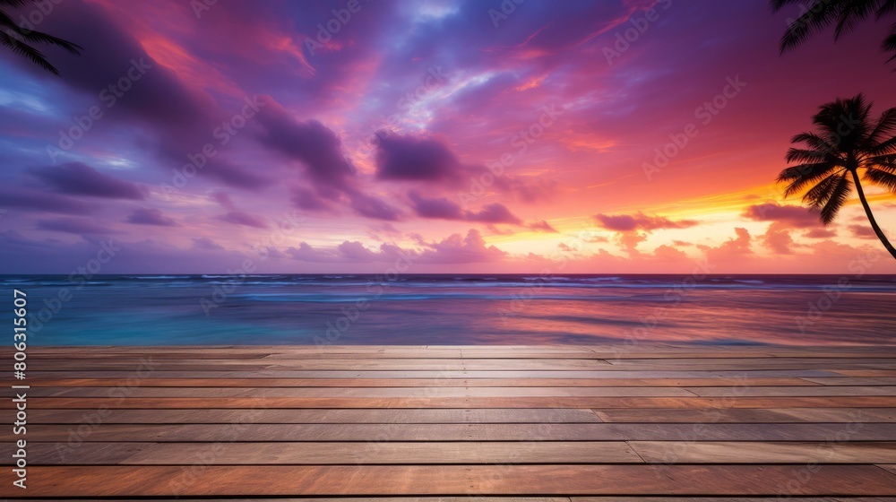 Wooden dock over calm tropical ocean at sunset