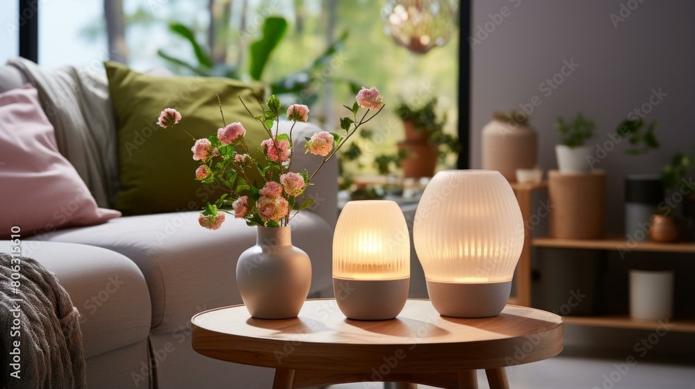 A cozy living room with a coffee table, a vase of flowers, and a lamp