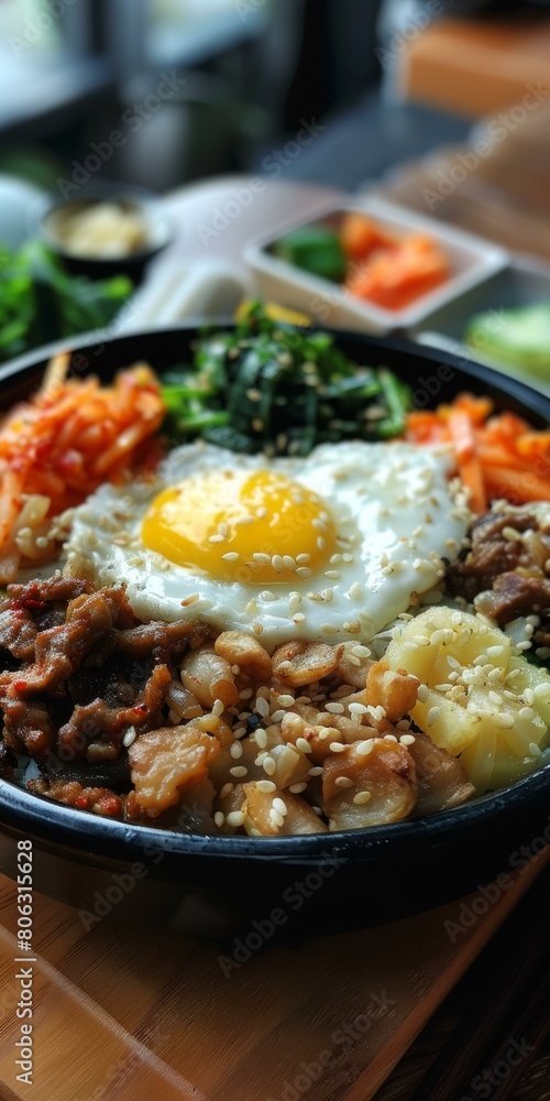 Korean food, Bibimbap with egg, spinach, bean sprouts, cucumber, and kimchi
