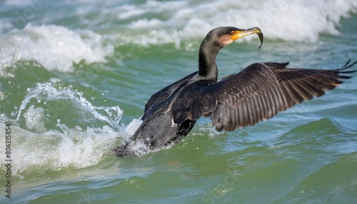 the double crested cormorant nannopterum auritum hunting on lake michigan photo