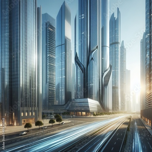 A sleek  futuristic cityscape with towering skyscrapers gleaming in the sunlight.