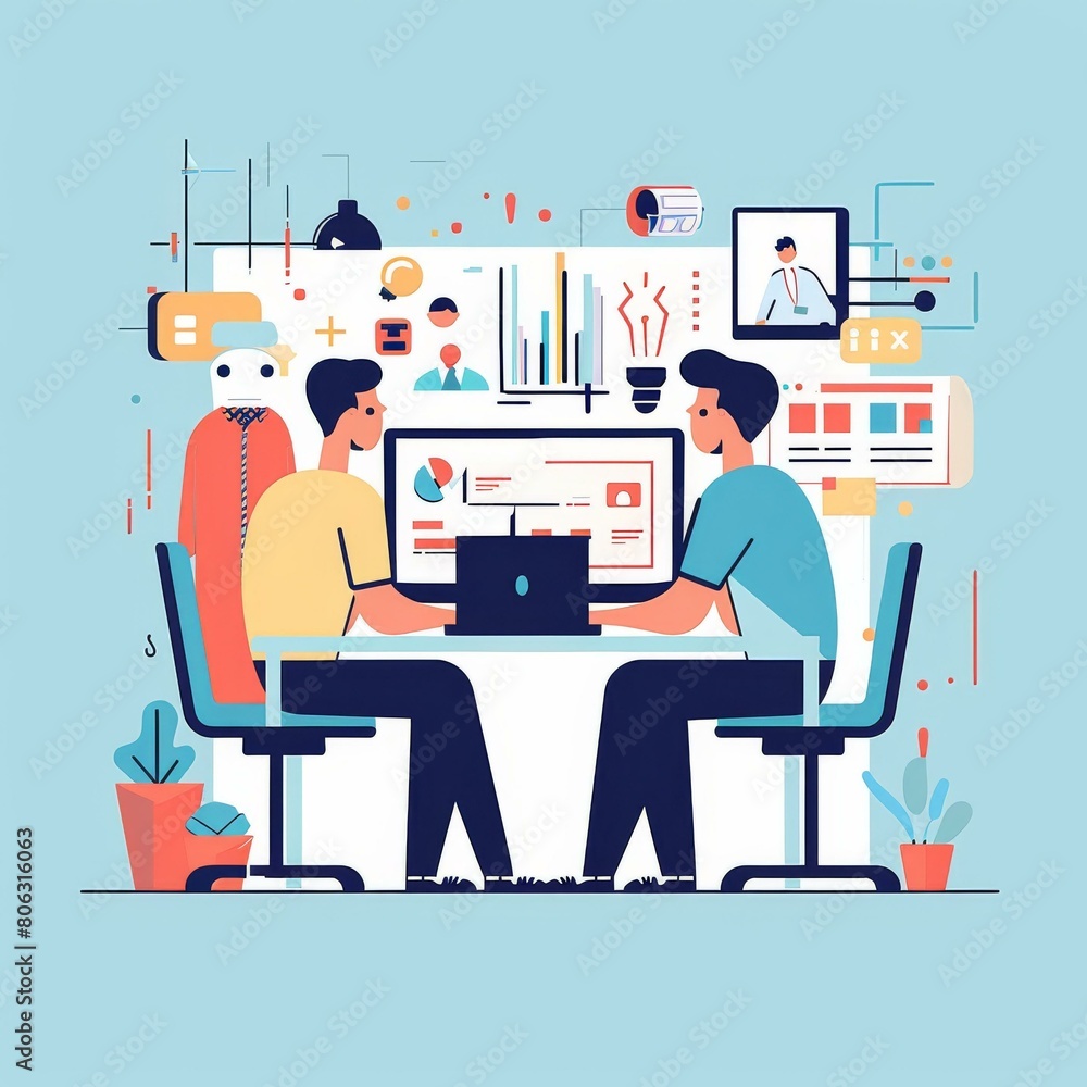 Fototapeta premium Two business people working together on a laptop in an office