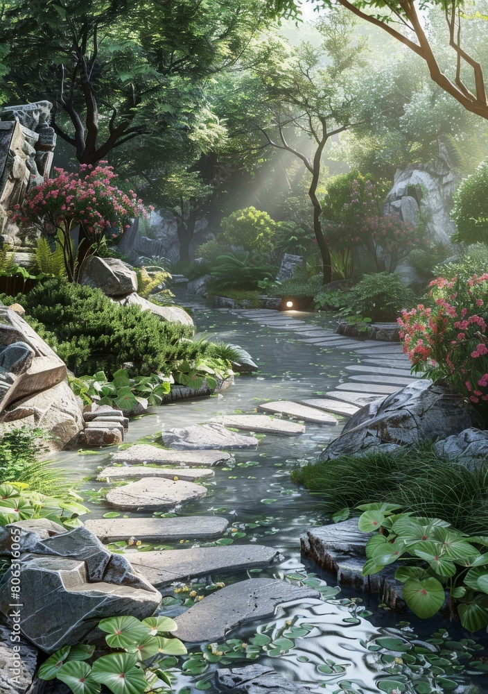 chinese garden with a pond and a stone path