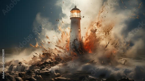 A burning lighthouse on a stormy day.
