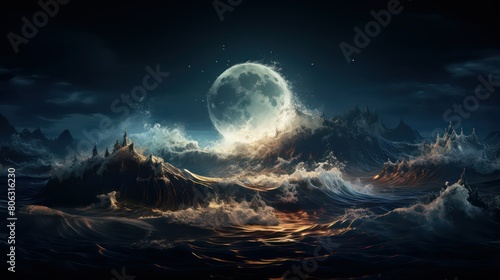 Fantasy landscape with mountains  sea and full moon