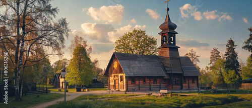 Beautiful Lithuanian wooden church in a charming village surrounded by lush greenery and serene atmosphere.