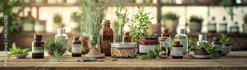 Natural remedies display on a wooden table, with an array of herbal supplements and plant-based products, under soft natural lighting3D vector illustrations
