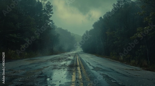Desolate road through a gloomy forest photo