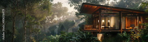 Well-being retreats in a secluded eco-resort, highlighting serene cabins surrounded by lush forests, promoting rest and recoveryRealistic photography