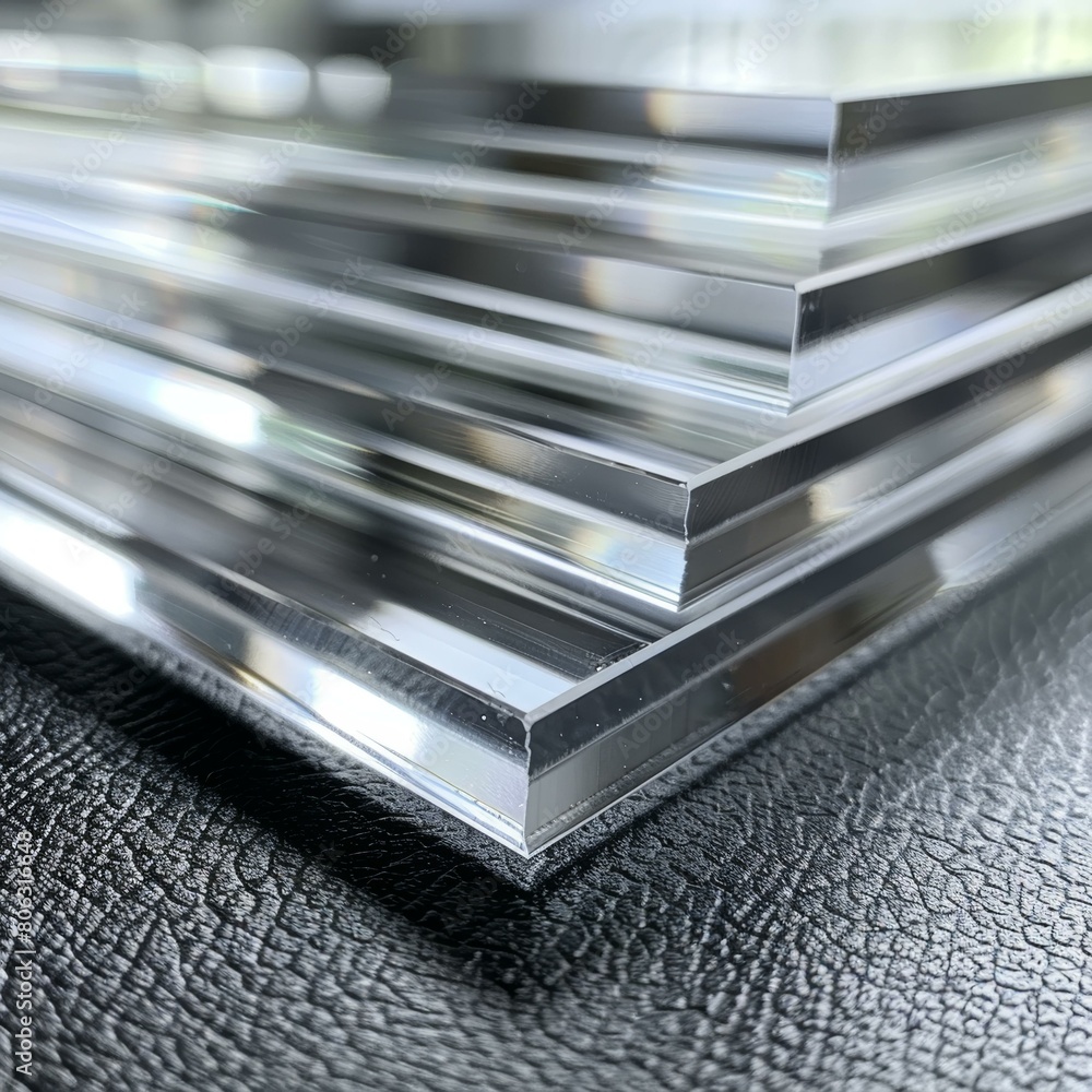 Four stacked transparent glass sheets on a black leather surface Four stacked transparent glass sheets on a black leather surface