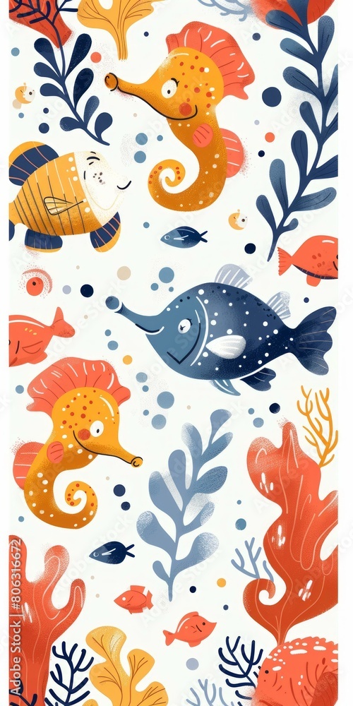 Fototapeta premium Underwater creatures and plants seamless pattern