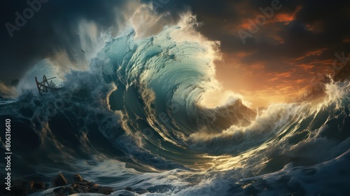 Surrealistic of stormy sea with big waves photo