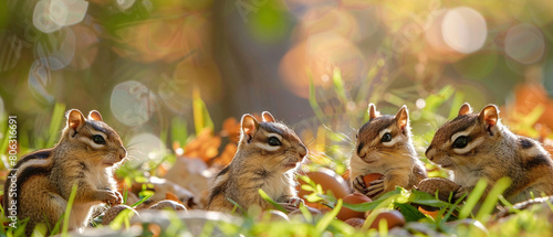 Chipmunks frolicking under the sun rays, collecting acorns in a vibrant and lively forest scene.